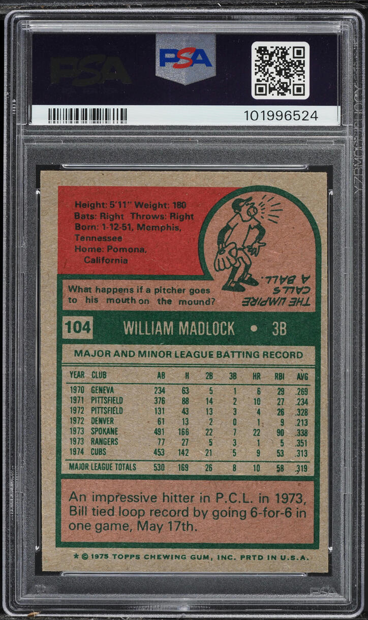 1975 Topps Bill Madlock #104 PSA 4 VGEX