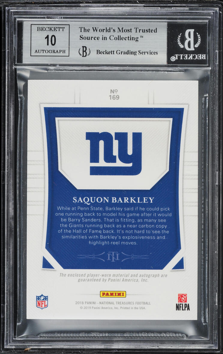 2018 National Treasures Saquon Barkley ROOKIE PATCH AUTO /99 #169 BGS 9 MINT