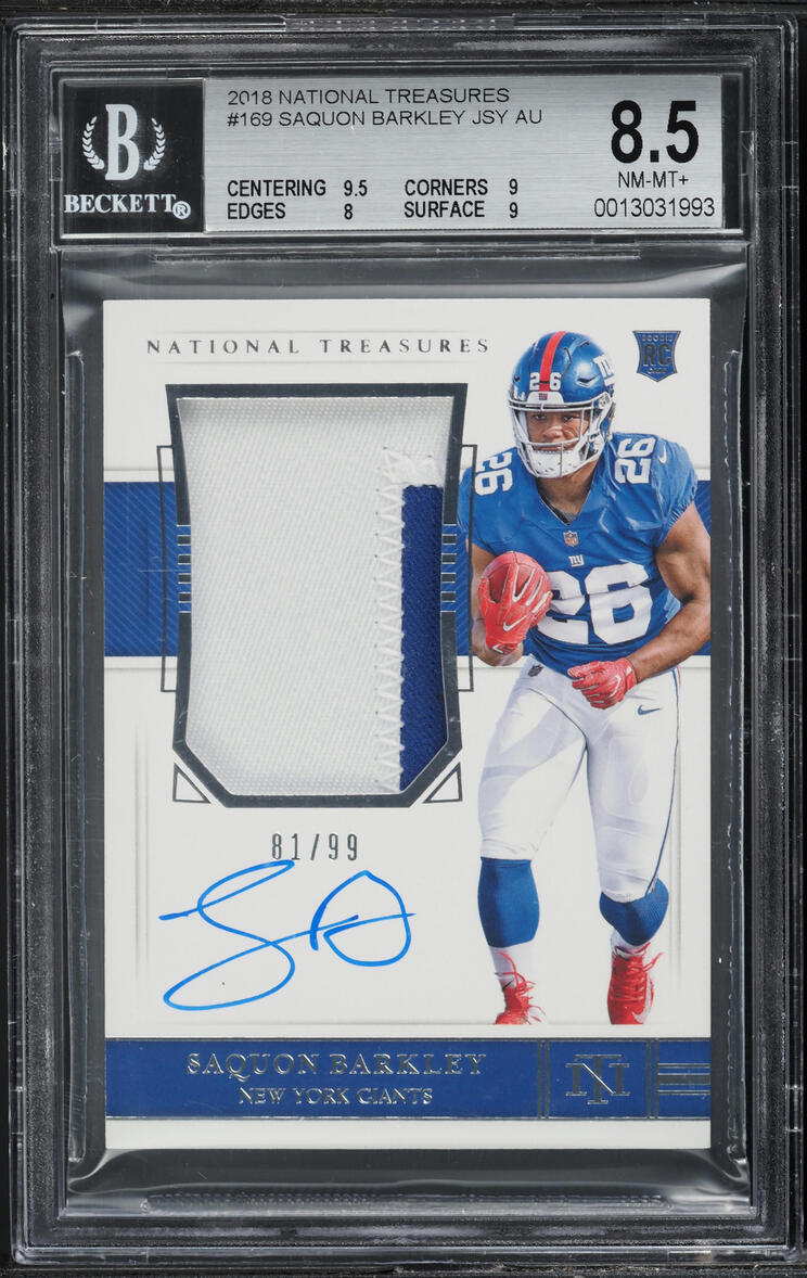 2018 National Treasures Saquon Barkley ROOKIE PATCH AUTO /99 #169 BGS 8.5 NM-MT+