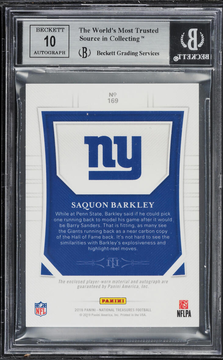 2018 National Treasures Saquon Barkley ROOKIE PATCH AUTO /99 #169 BGS 8.5 NM-MT+
