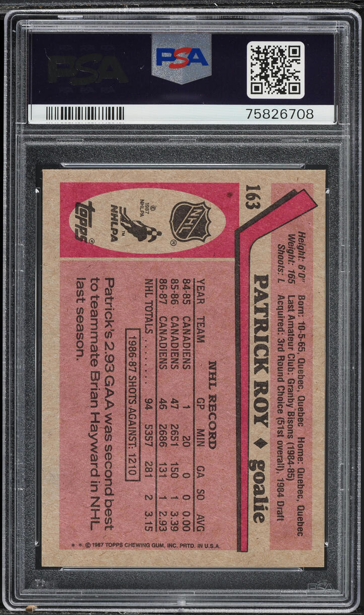 1987 Topps Hockey Patrick Roy #163 PSA 10 GEM MINT