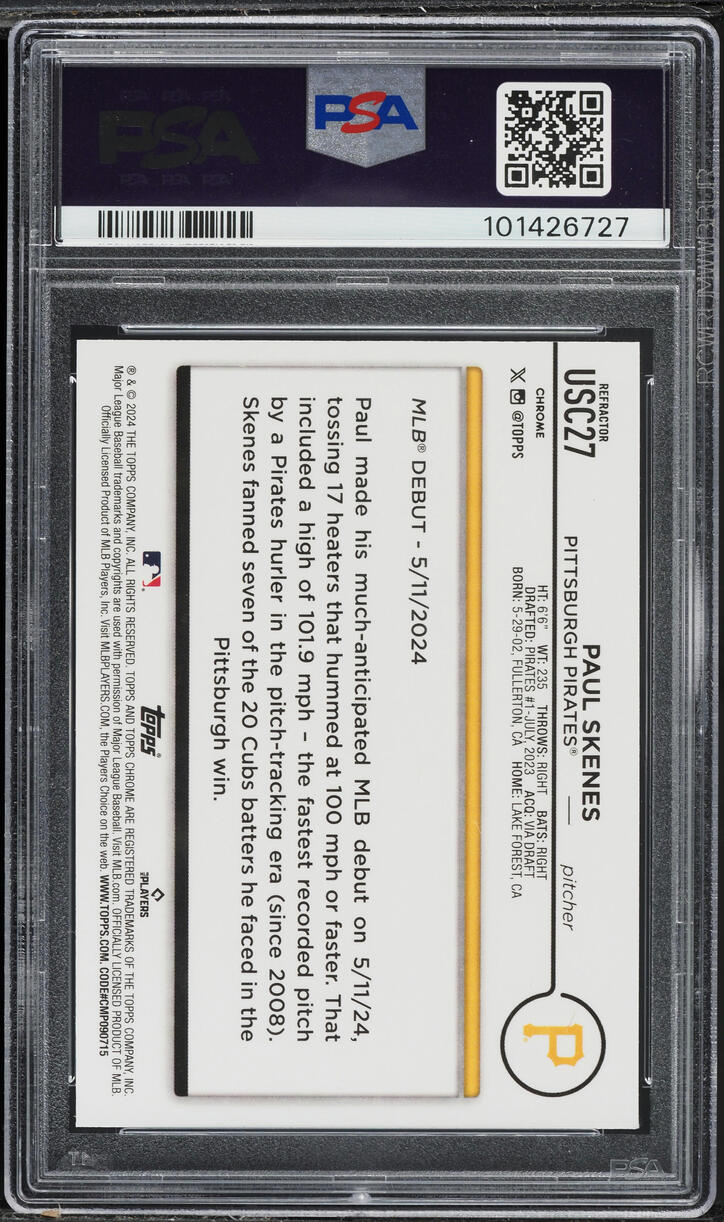 2024 Topps Chrome Update Refractor Paul Skenes ROOKIE #USC27 PSA 10 GEM MINT
