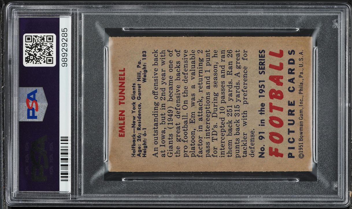 1951 Bowman Football Emlen Tunnell ROOKIE #91 PSA 5 EX