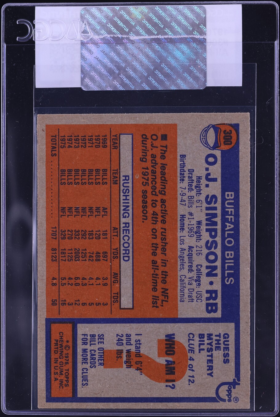 1976 Topps Football O.J. Simpson ALL-PRO #300 CGC AUTH