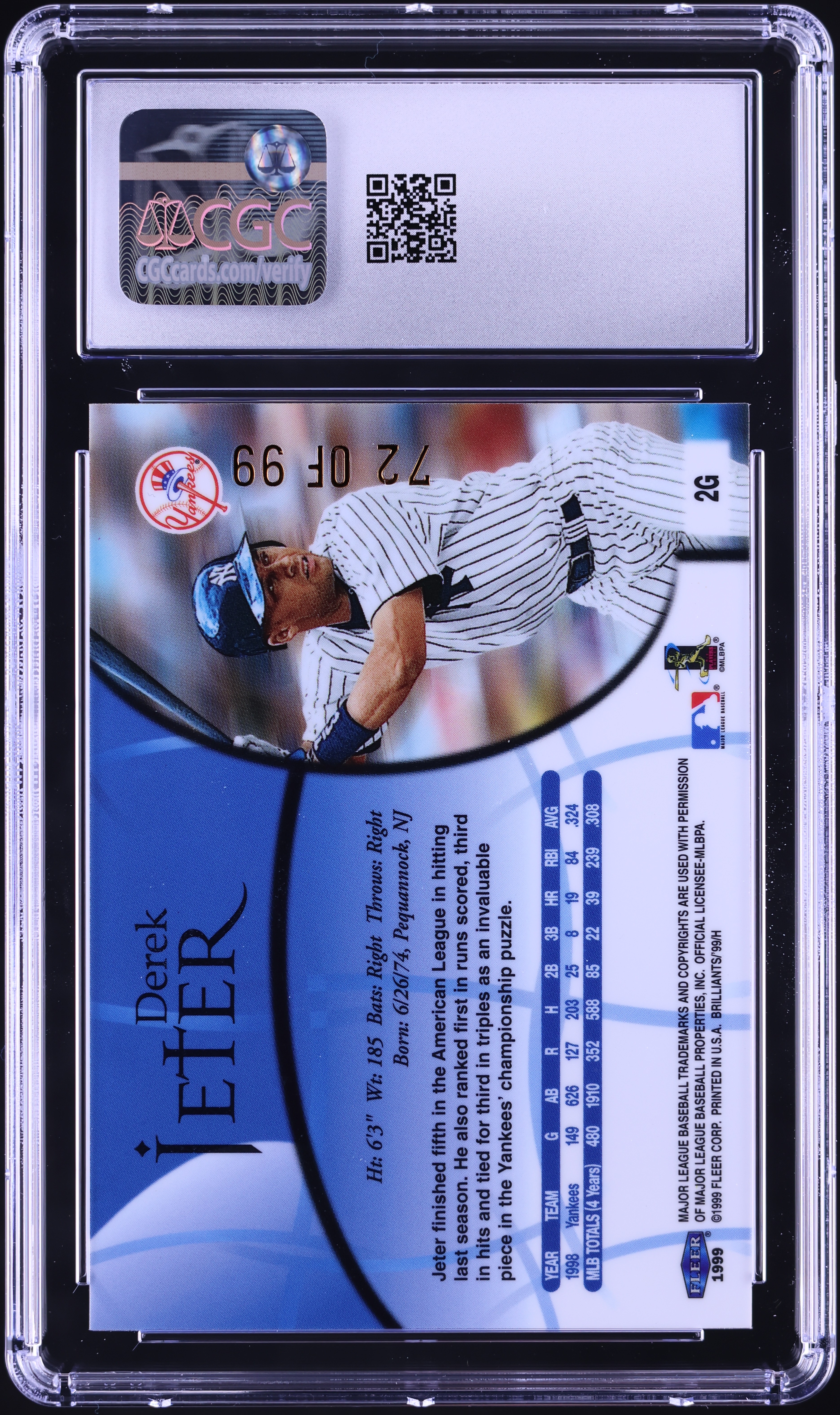 1999 Fleer Brilliants Gold Derek Jeter /99 #2G CGC 8 NM-MT on 