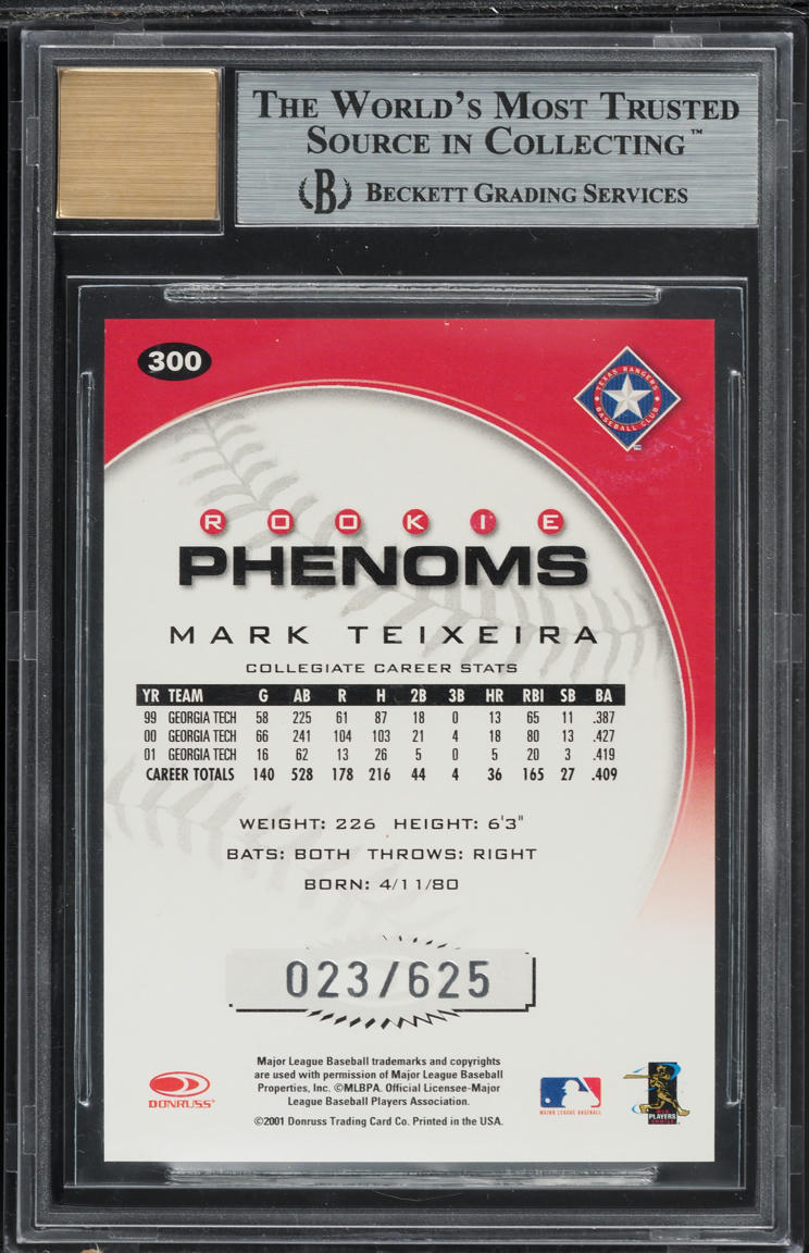 2001 Donruss Class Of '01 Mark Teixeira ROOKIE AUTO /625 #300 BGS 9 MINT