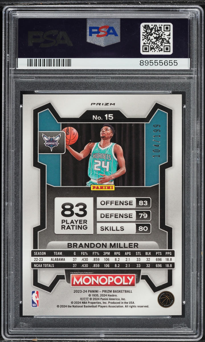 2023 Panini Prizm Monopoly Light Blue Brandon Miller ROOKIE /199 #15 PSA 10 GEM