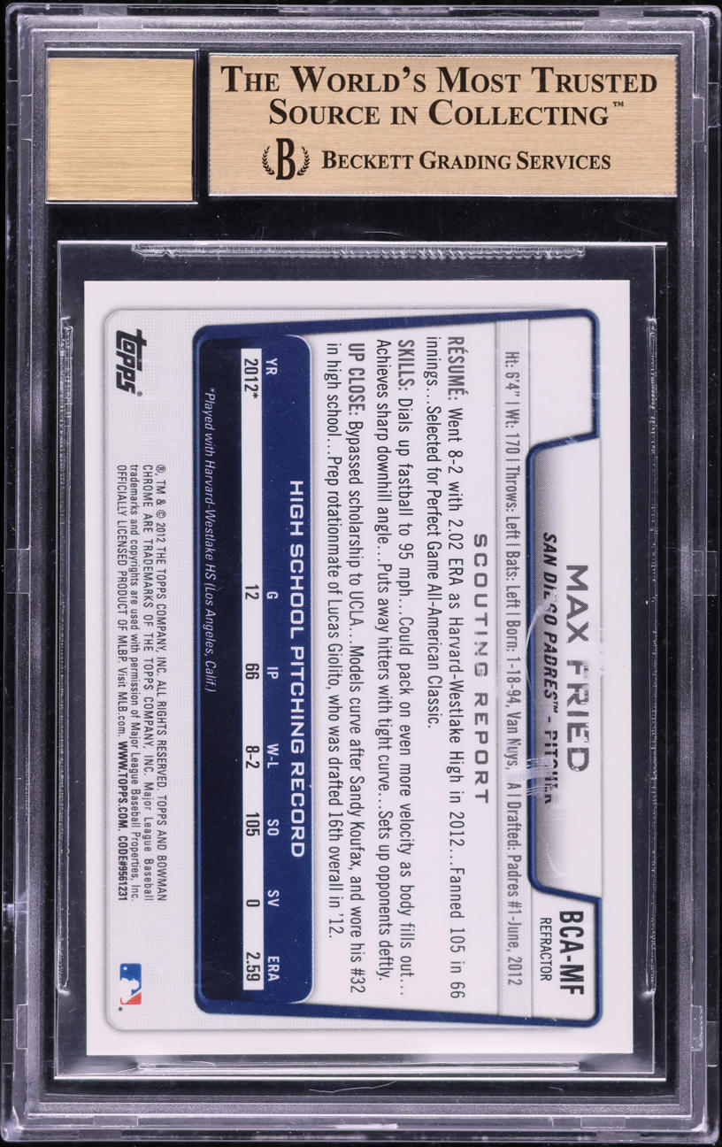 2012 Bowman Chrome Draft Pick Refractor Max Fried PROSPECT AUTO #BCA-MF BGS 9.5