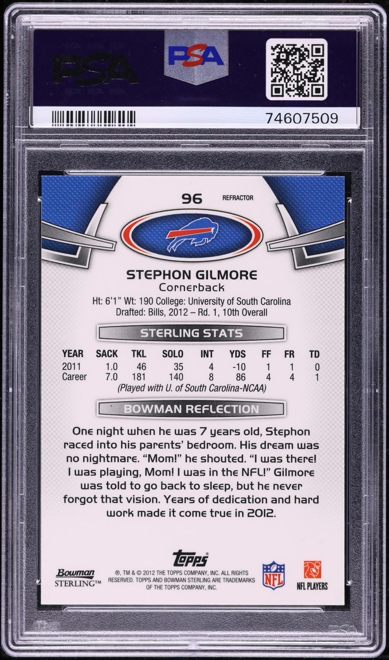 2012 Bowman Sterling Superfractor Stephon Gilmore ROOKIE 1/1 #96 PSA 10 GEM MINT