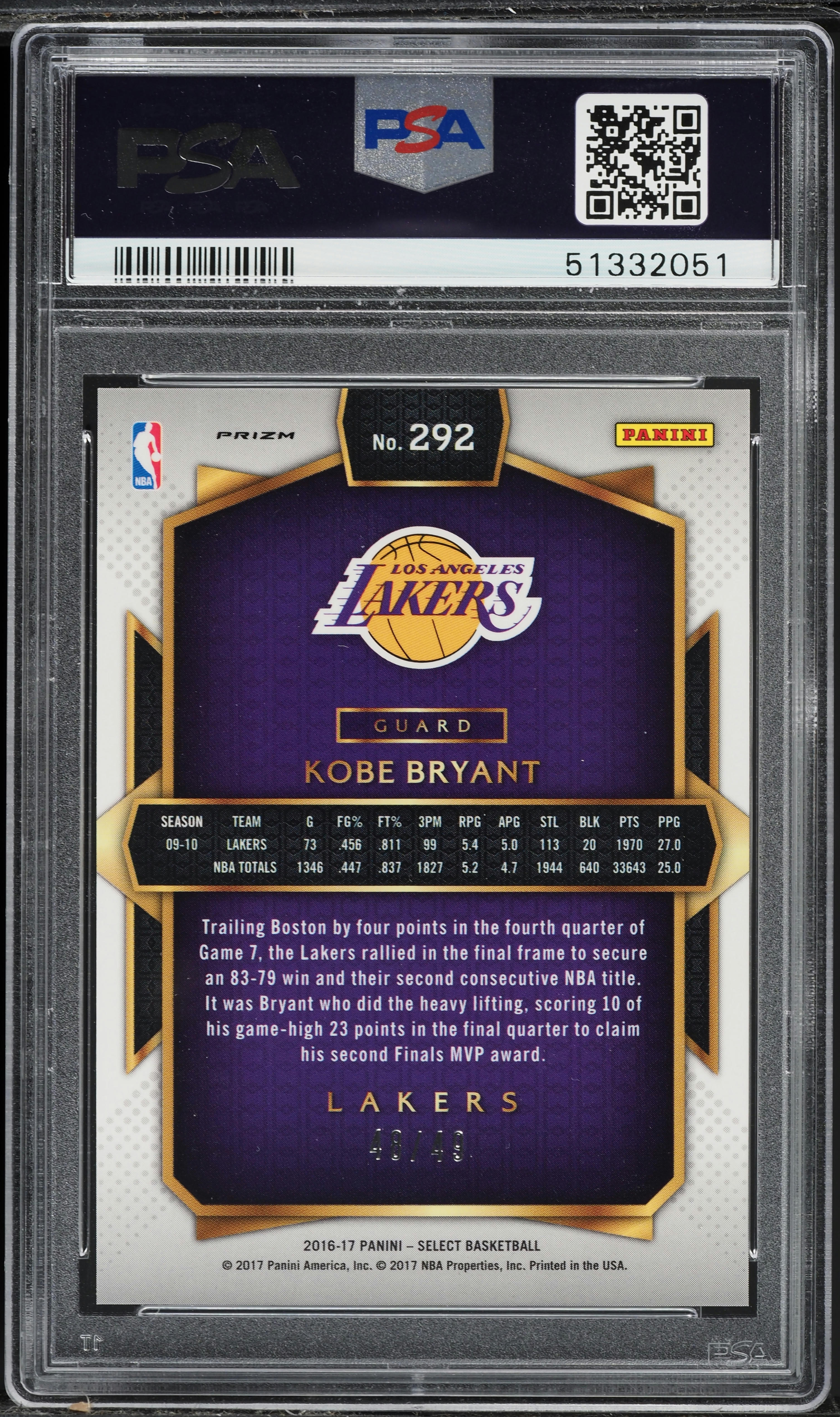 2016 Select Copper Prizm Kobe Bryant /49 #292 PSA 10 GEM MINT on