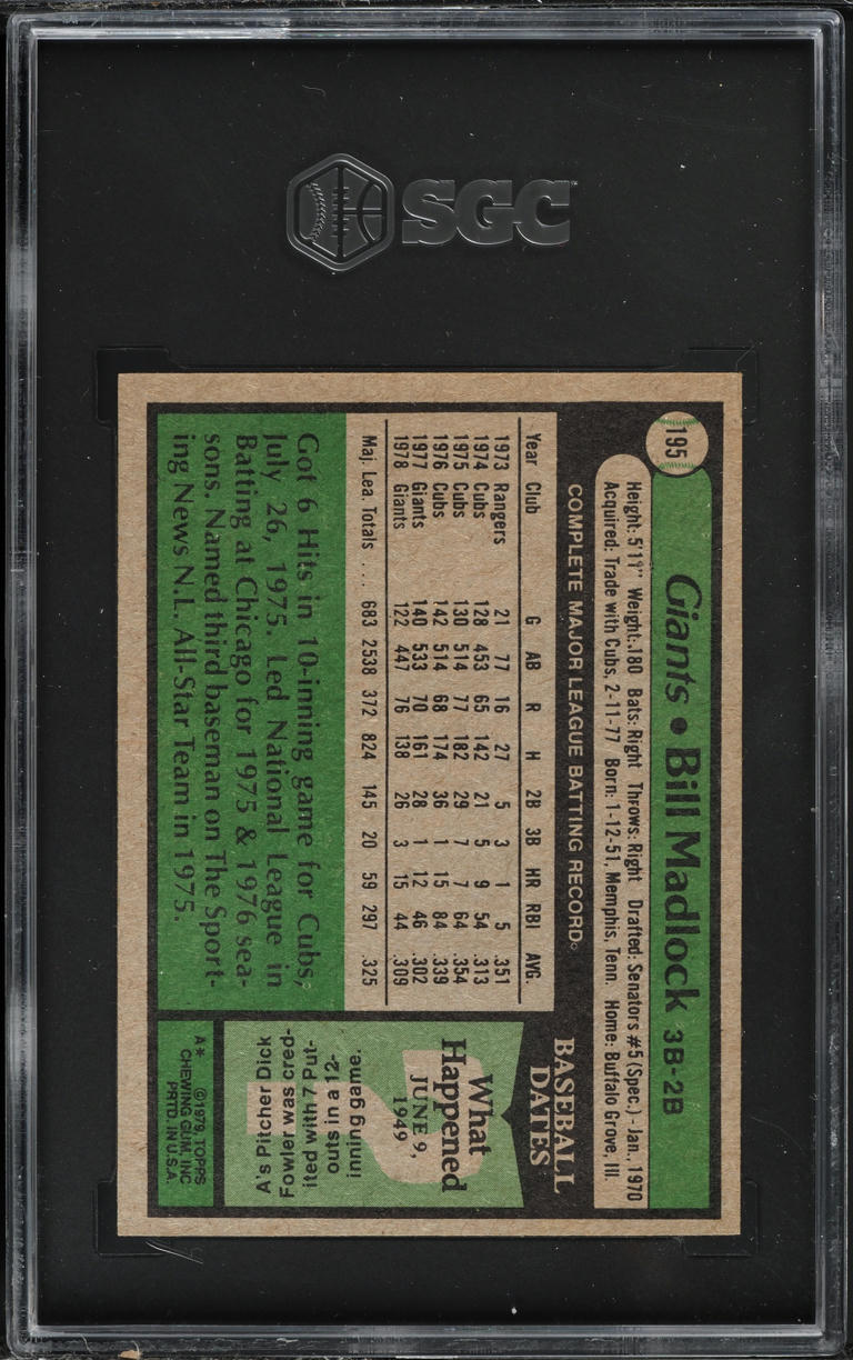1979 Topps Bill Madlock #195 SGC 6 EXMT