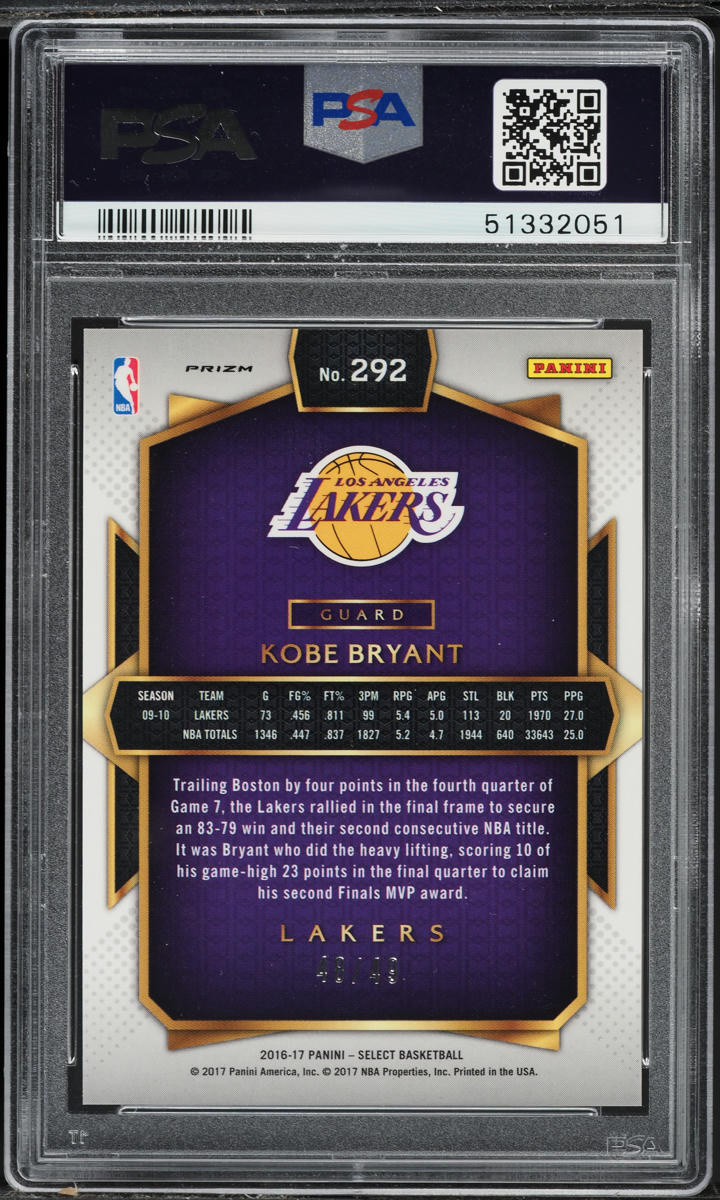 2016 Select Copper Prizm Kobe Bryant /49 #292 PSA 10 GEM MINT on