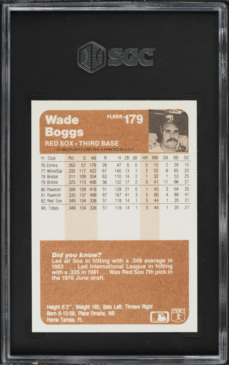 1983 Fleer Wade Boggs ROOKIE #179 SGC 9.5 MINT+