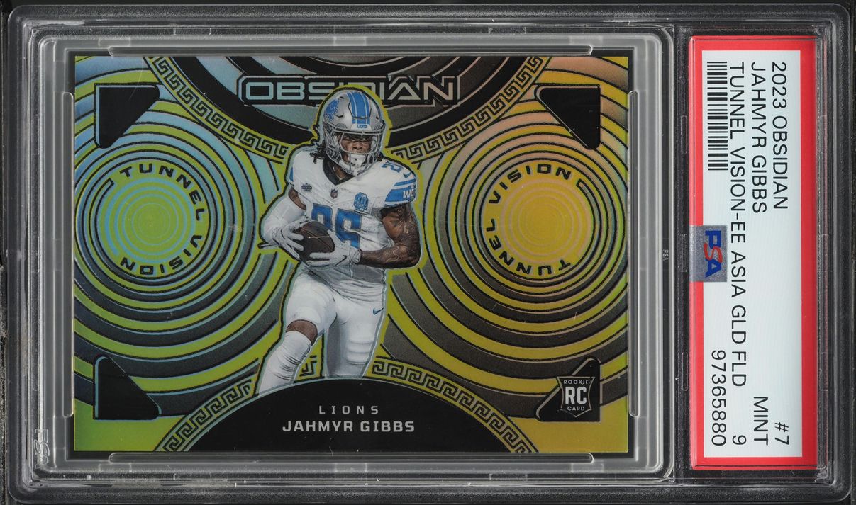 2023 Panini Obsidian Tunnel Vision EE Asia Gold Flood Jahmyr Gibbs RC 1/10 PSA 9