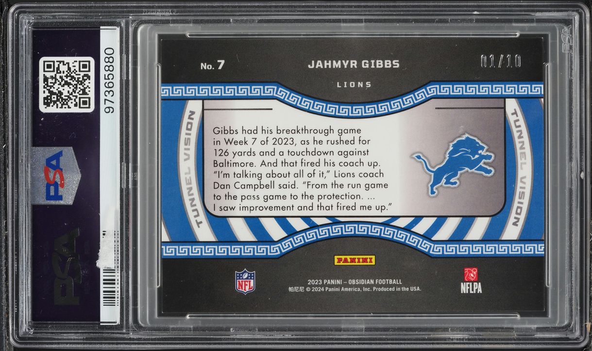 2023 Panini Obsidian Tunnel Vision EE Asia Gold Flood Jahmyr Gibbs RC 1/10 PSA 9