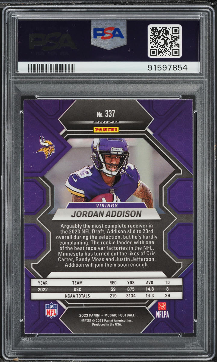 2023 Panini Mosaic Camo Pink Jordan Addison ROOKIE #337 PSA 10 GEM MINT