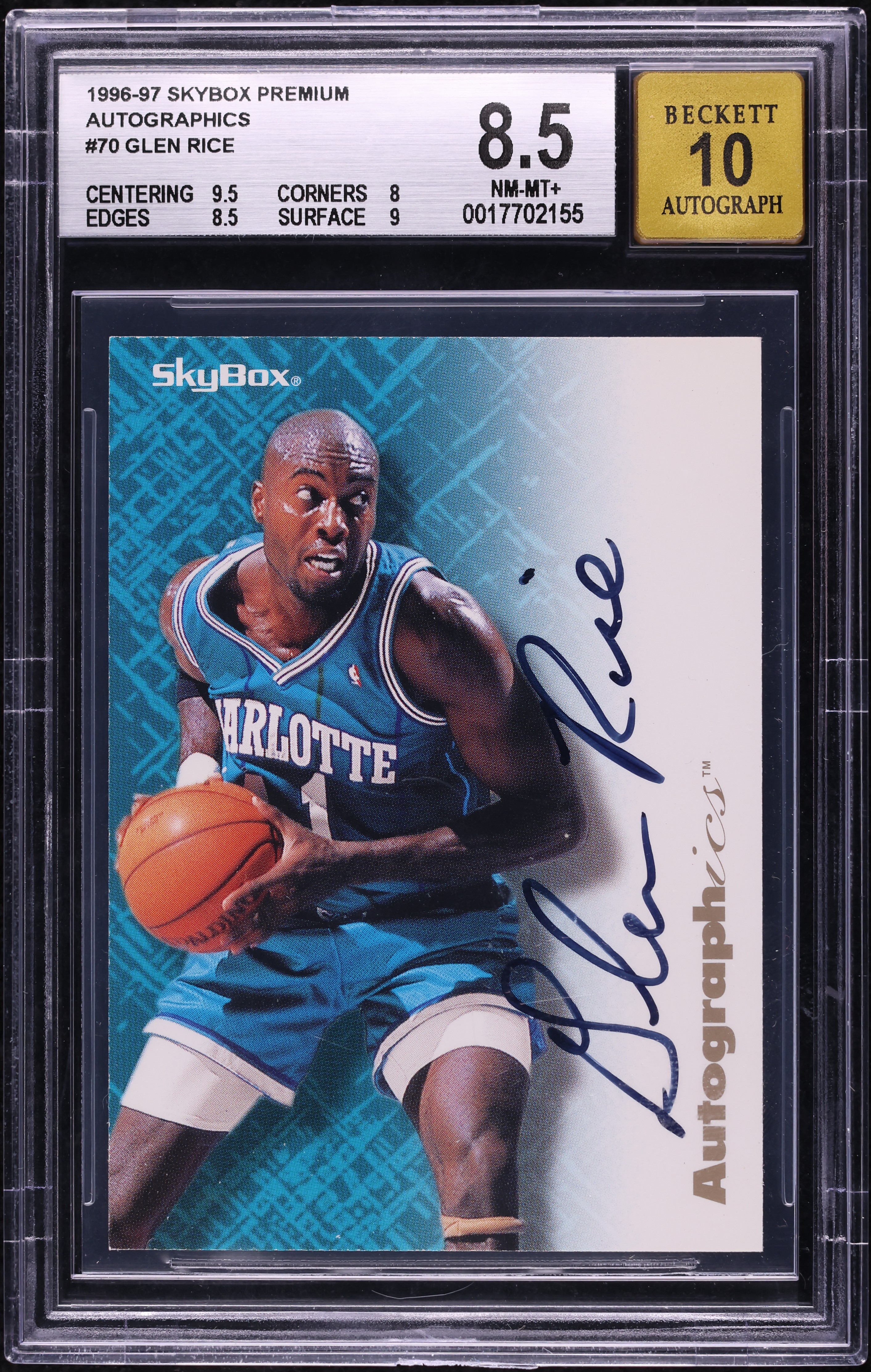 1996 Skybox Premium Autographics Glen Rice AUTO BGS 8.5 NM-MT+ on 
