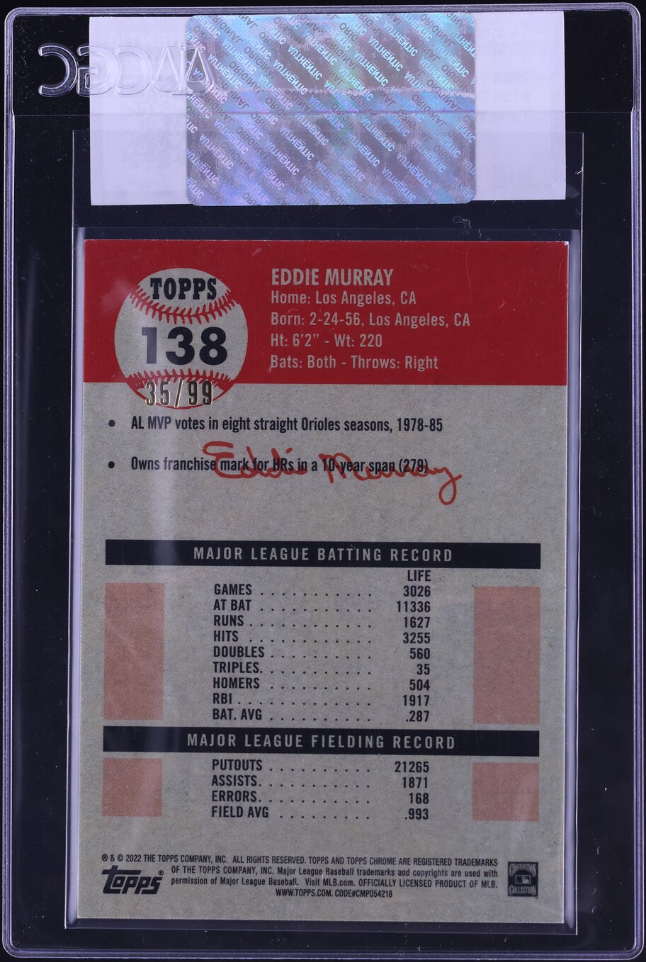 2022 Topps Chrome Platinum Anniversary White Green Eddie Murray /99 CGC AUTH