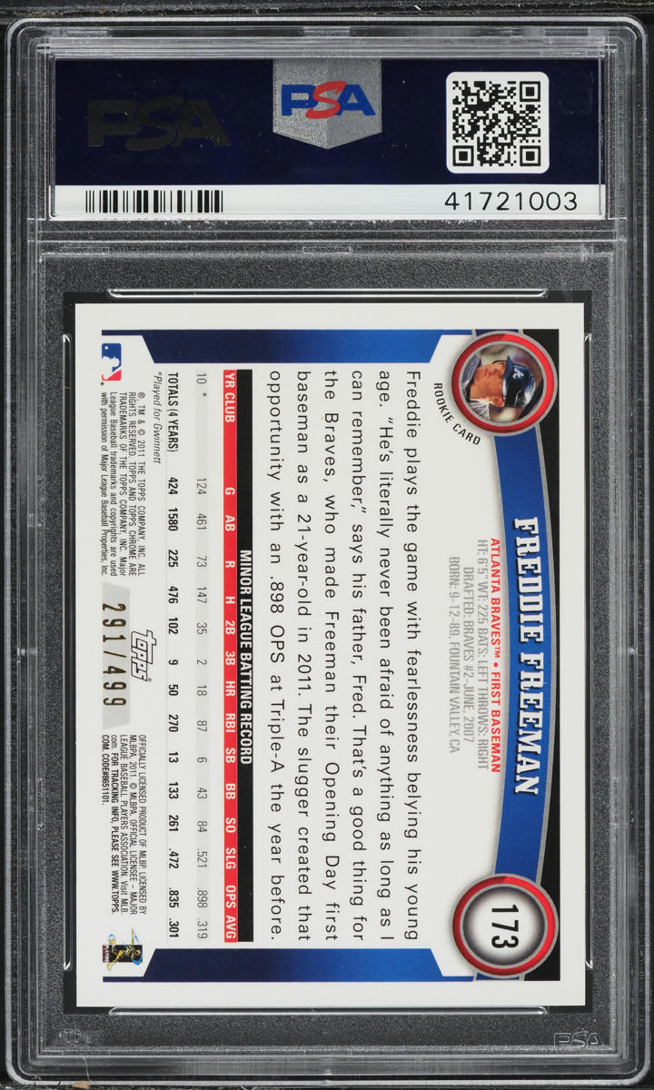 2011 Topps Chrome Purple Refractor Freddie Freeman ROOKIE /499 #173 PSA 10 GEM