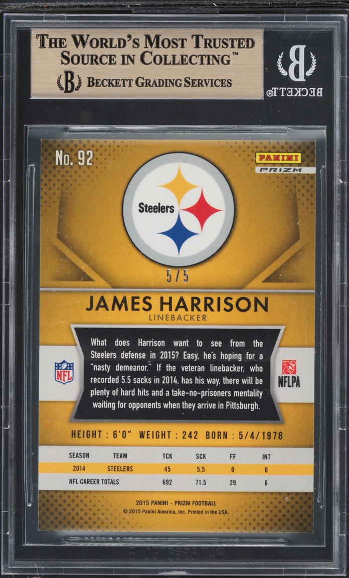 2015 Panini Prizm Gold Vinyl James Harrison 5/5 #92 BGS 9.5 GEM MINT