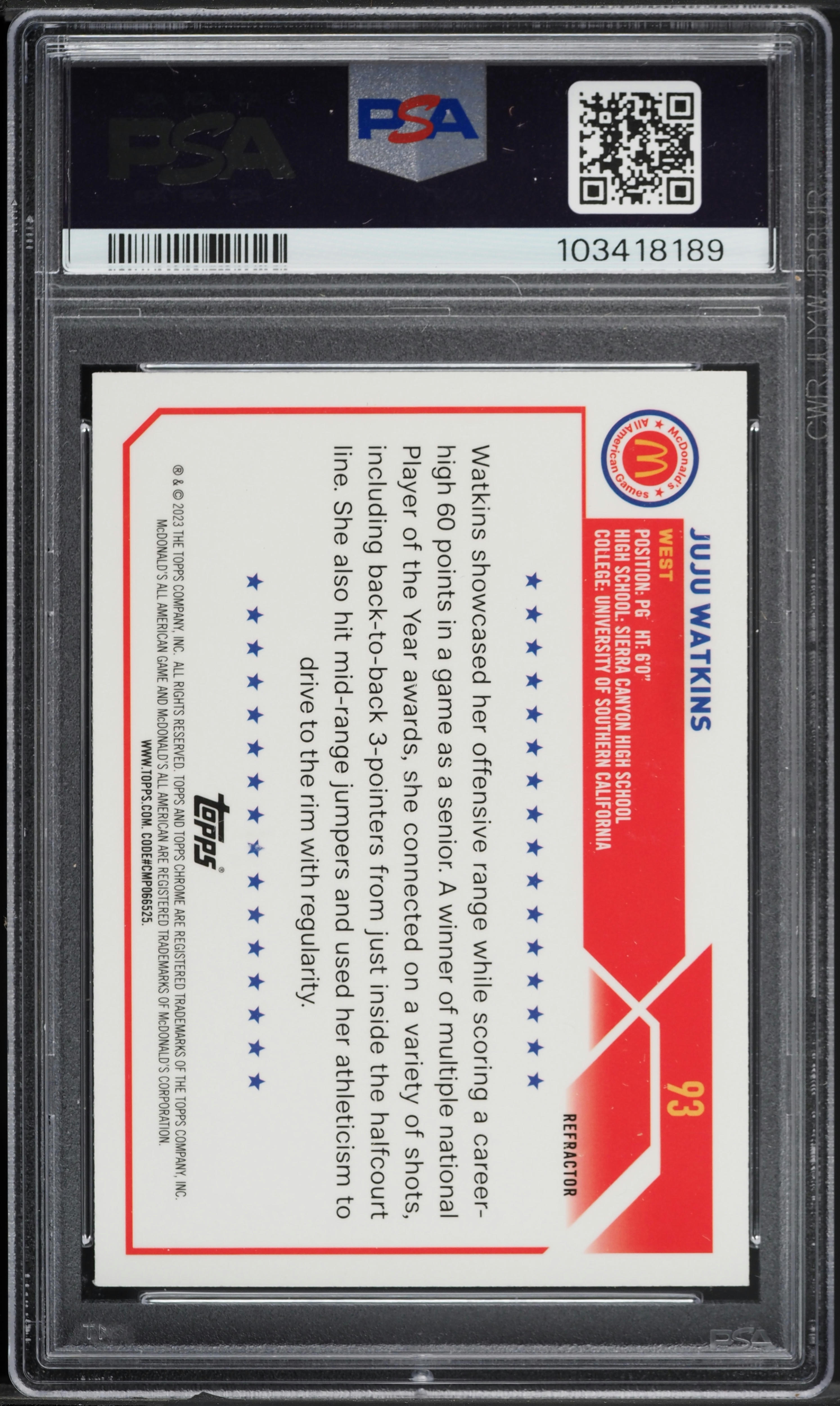 2023 Topps Chrome McDonald's All-American Refractor JuJu Watkins