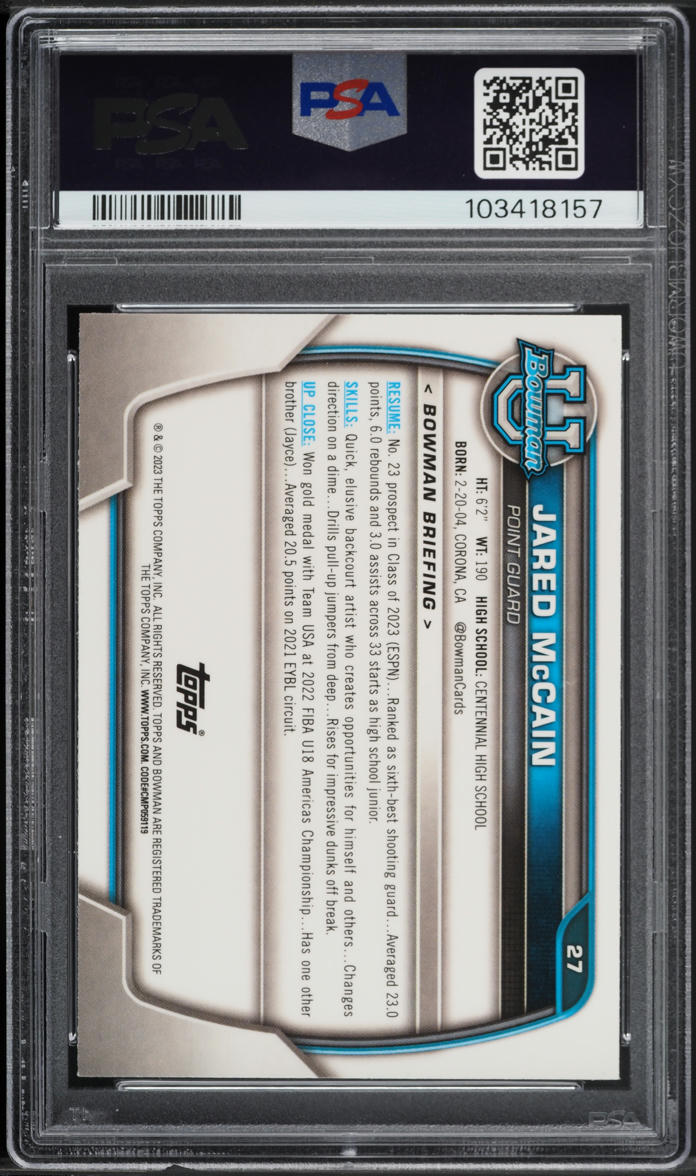 2022 Bowman Chrome University Jared McCain ROOKIE #27 PSA 8 NM-MT