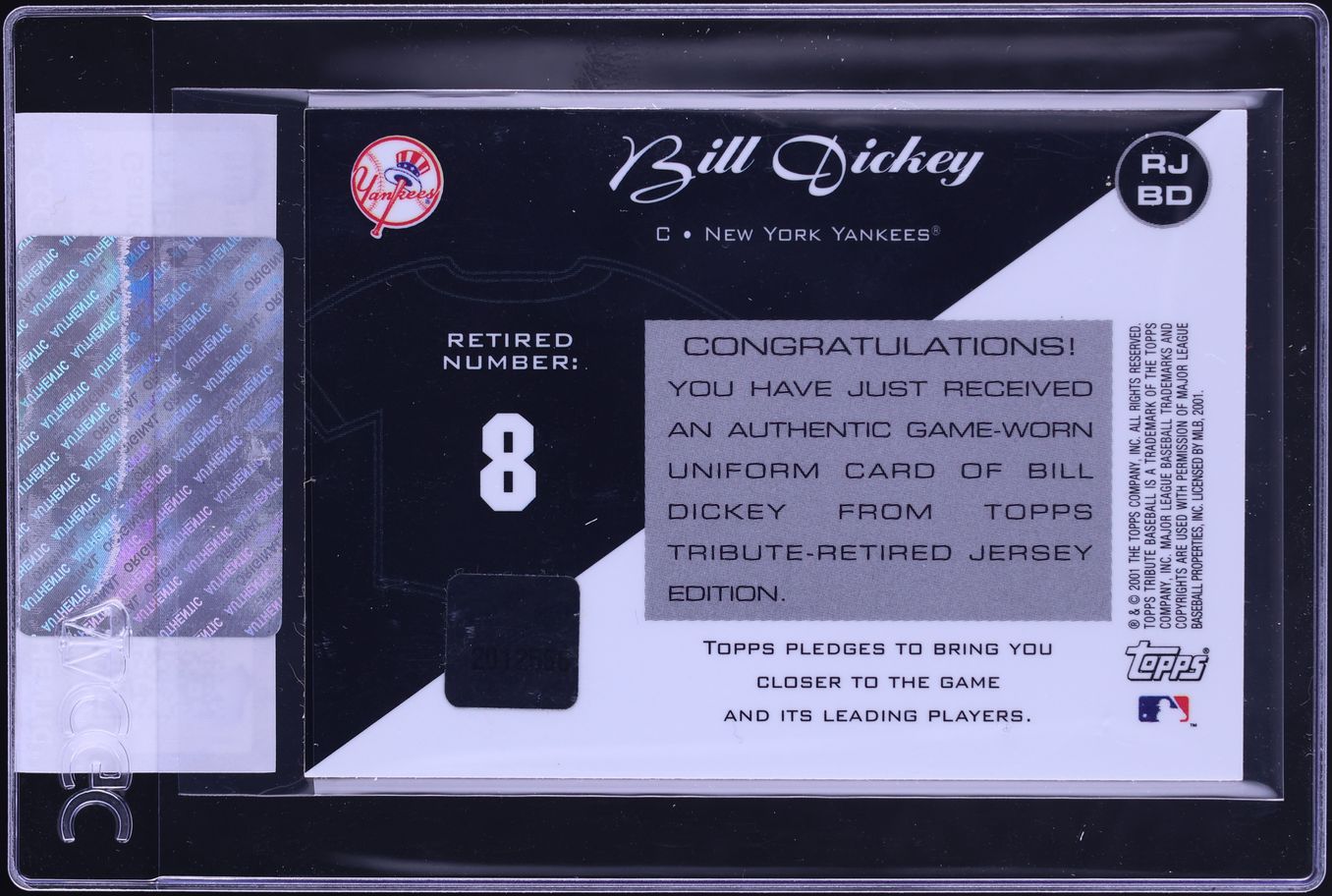 2001 Topps Tribute Game-Worn Bill Dickey PATCH #RJ-BD CGC AUTH