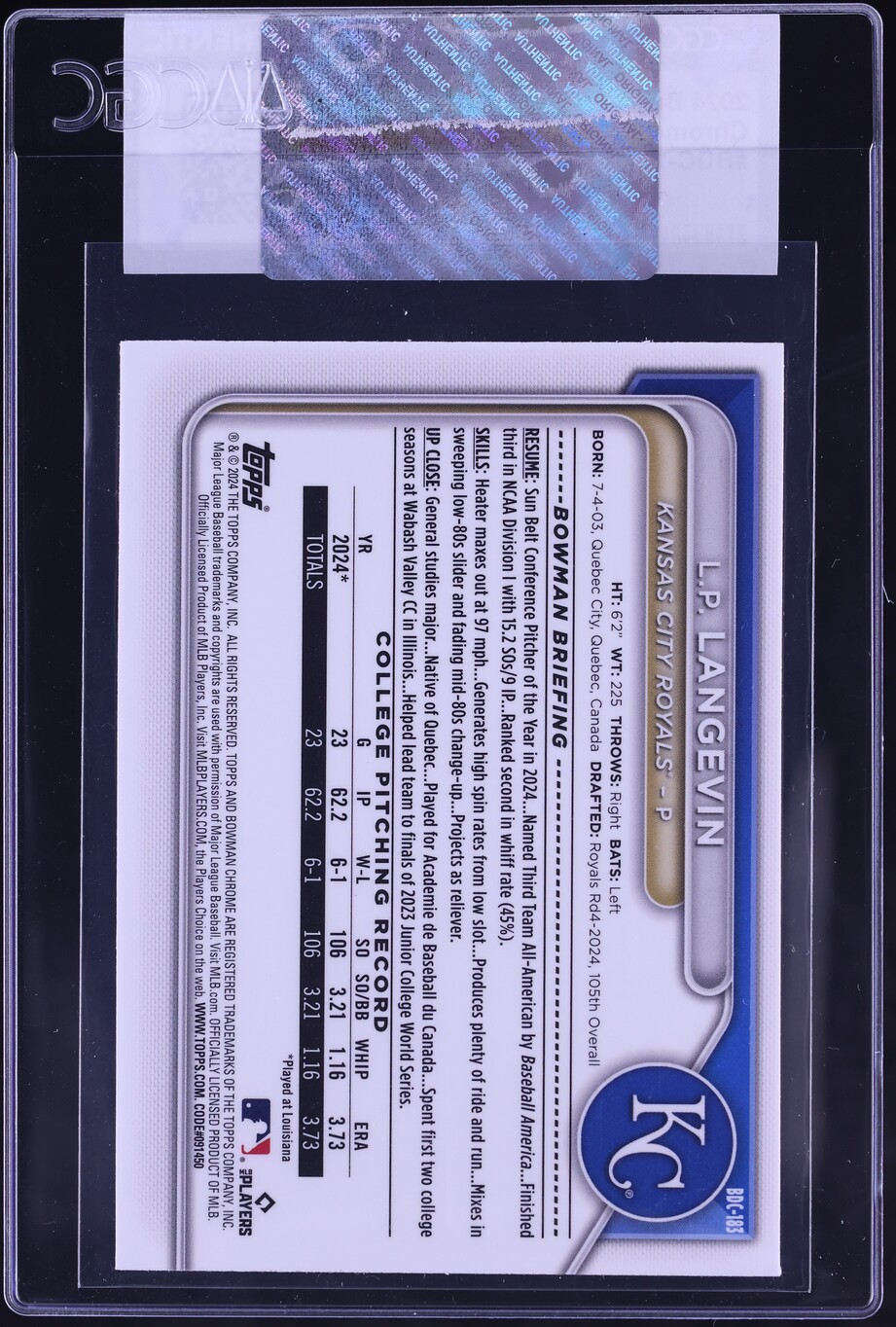 2024 Bowman Chrome Draft L.P. Langevin PROSPECT #BDC-183 CGC AUTH