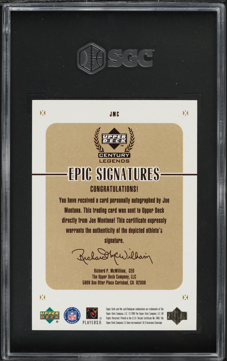 1999 Upper Deck Century Legends Epic Gold Joe Montana AUTO /100 #JMC SGC 10
