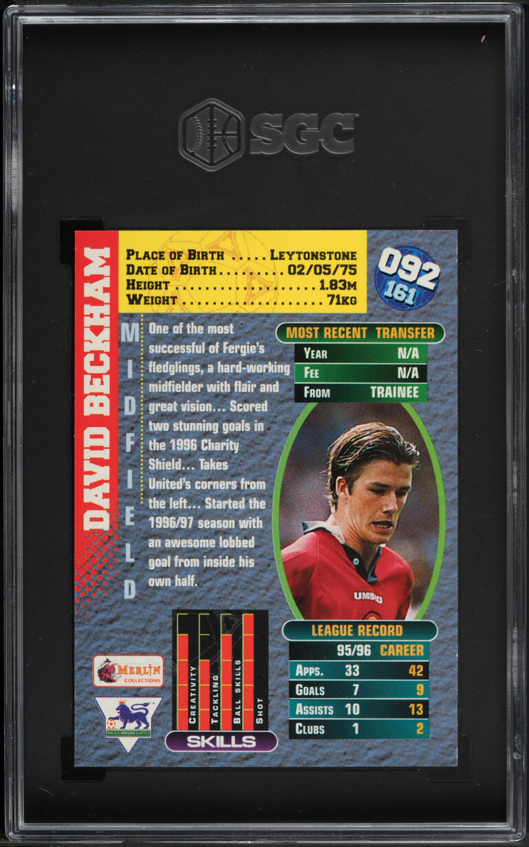 1996 Merlin Premier Gold David Beckham ROOKIE #92 SGC 8 NM-MT