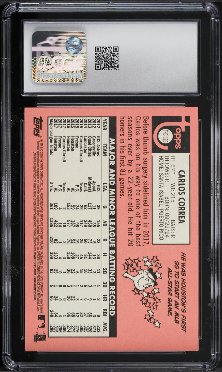 2018 Topps Heritage Chrome Purple Refractor Carlos Correa #THC-125 CGC 9 MINT