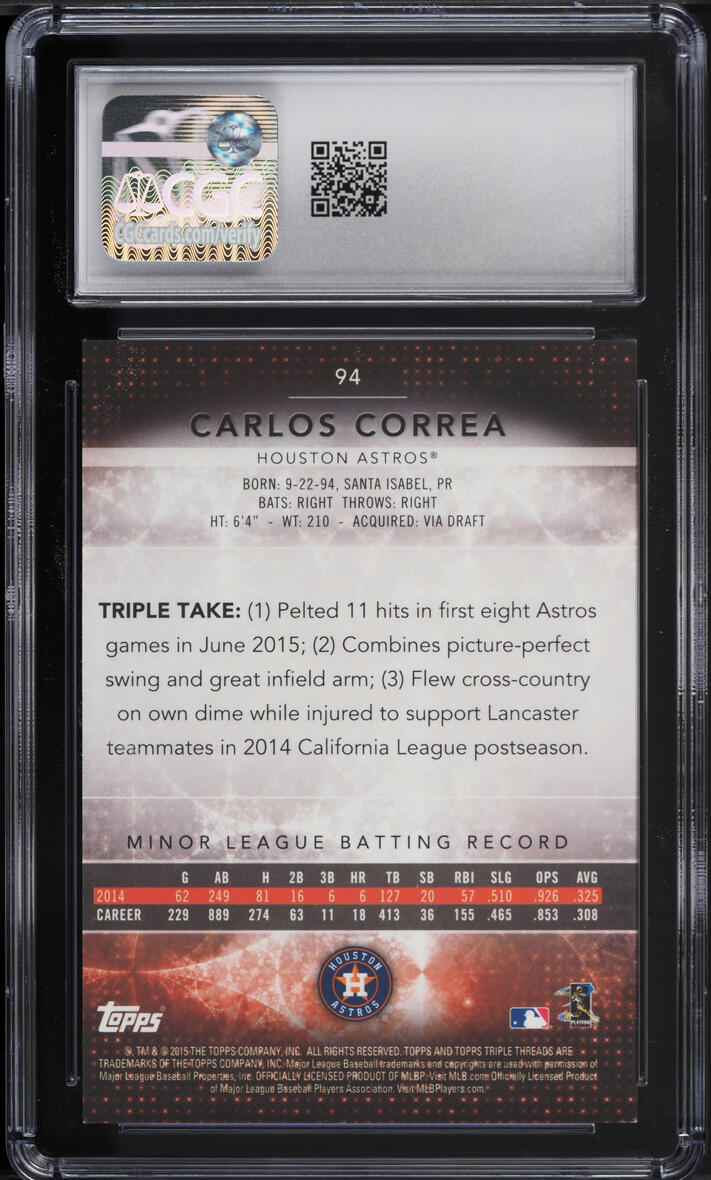 2015 Topps Triple Threads Onyx Carlos Correa PROSPECT /50 #94 CGC 10 GEM MINT