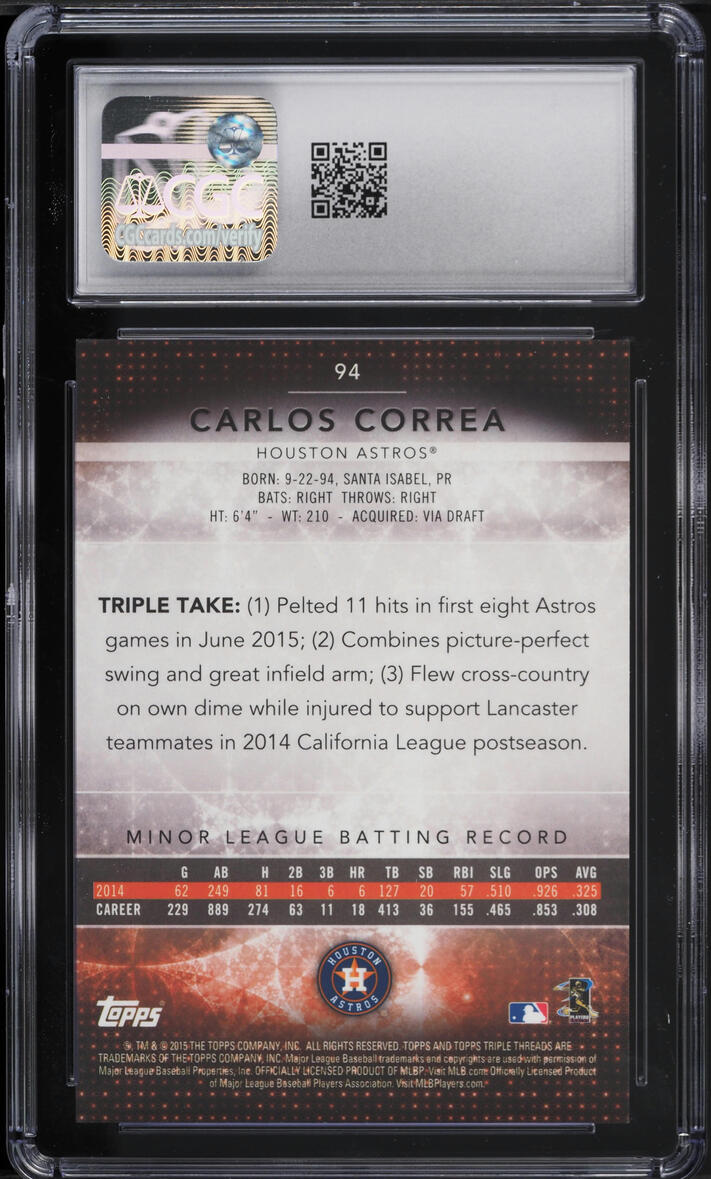 2015 Topps Triple Threads Sapphire Carlos Correa PROSPECT /25 #94 CGC 10 GEM