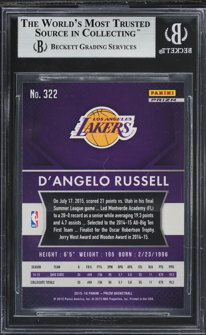 2015 Panini Prizm Silver D'Angelo Russell ROOKIE #322 BGS 9 MINT