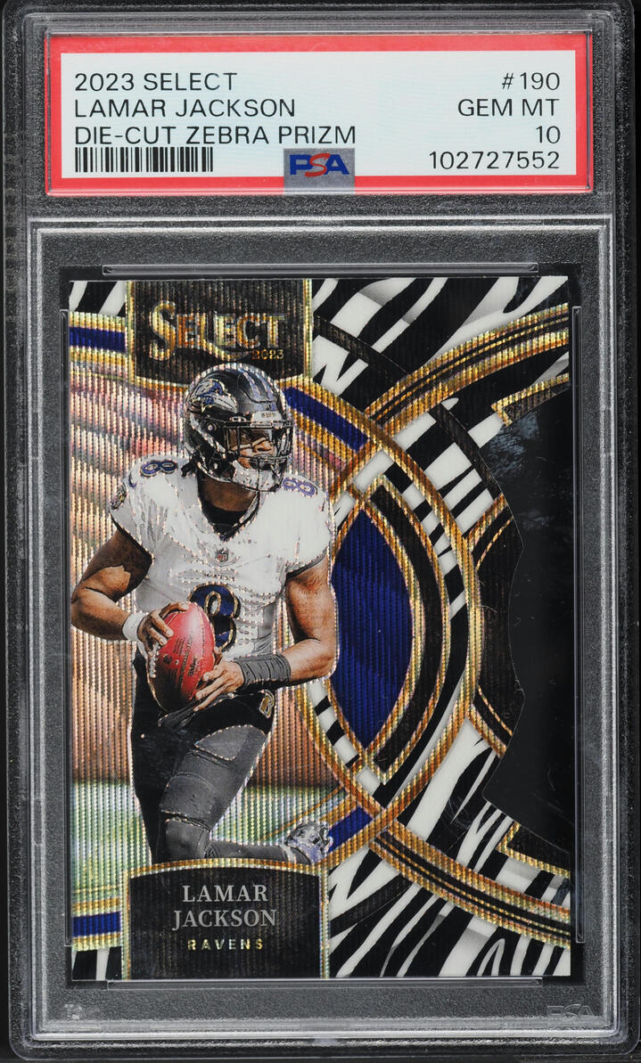2023 Select Premier Die-Cut Zebra Prizm Lamar Jackson #190 PSA 10