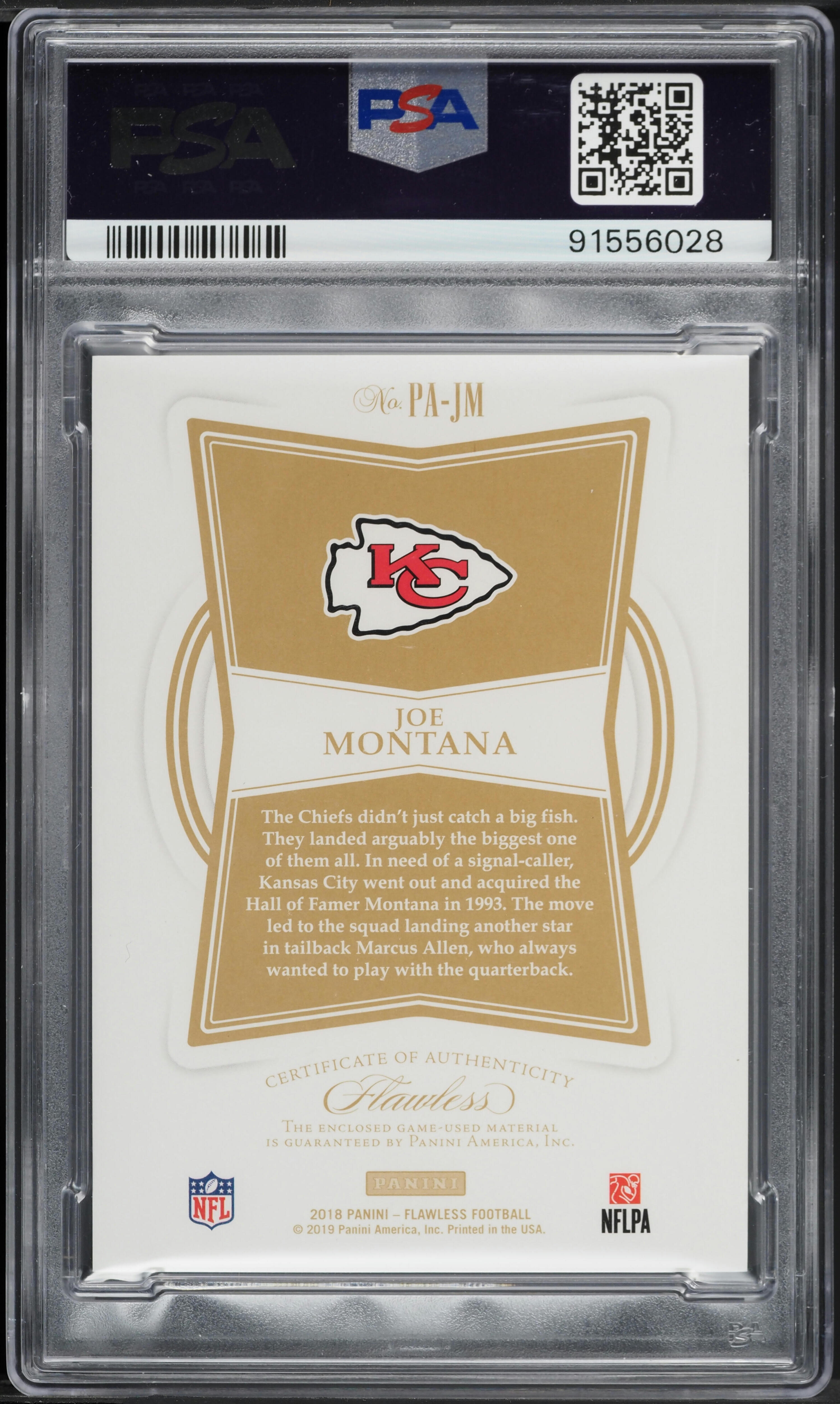 2018 Panini Flawless Sapphire Joe Montana PATCH /5 #PA-JM PSA 9