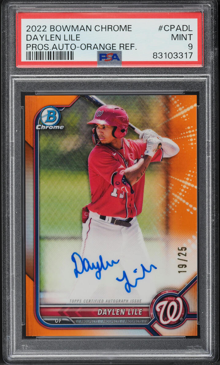 2022 Bowman Chrome Orange Refractor Daylen Lile AUTO /25 #CPADL PSA 9 MINT