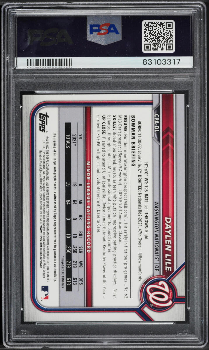 2022 Bowman Chrome Orange Refractor Daylen Lile AUTO /25 #CPADL PSA 9 MINT