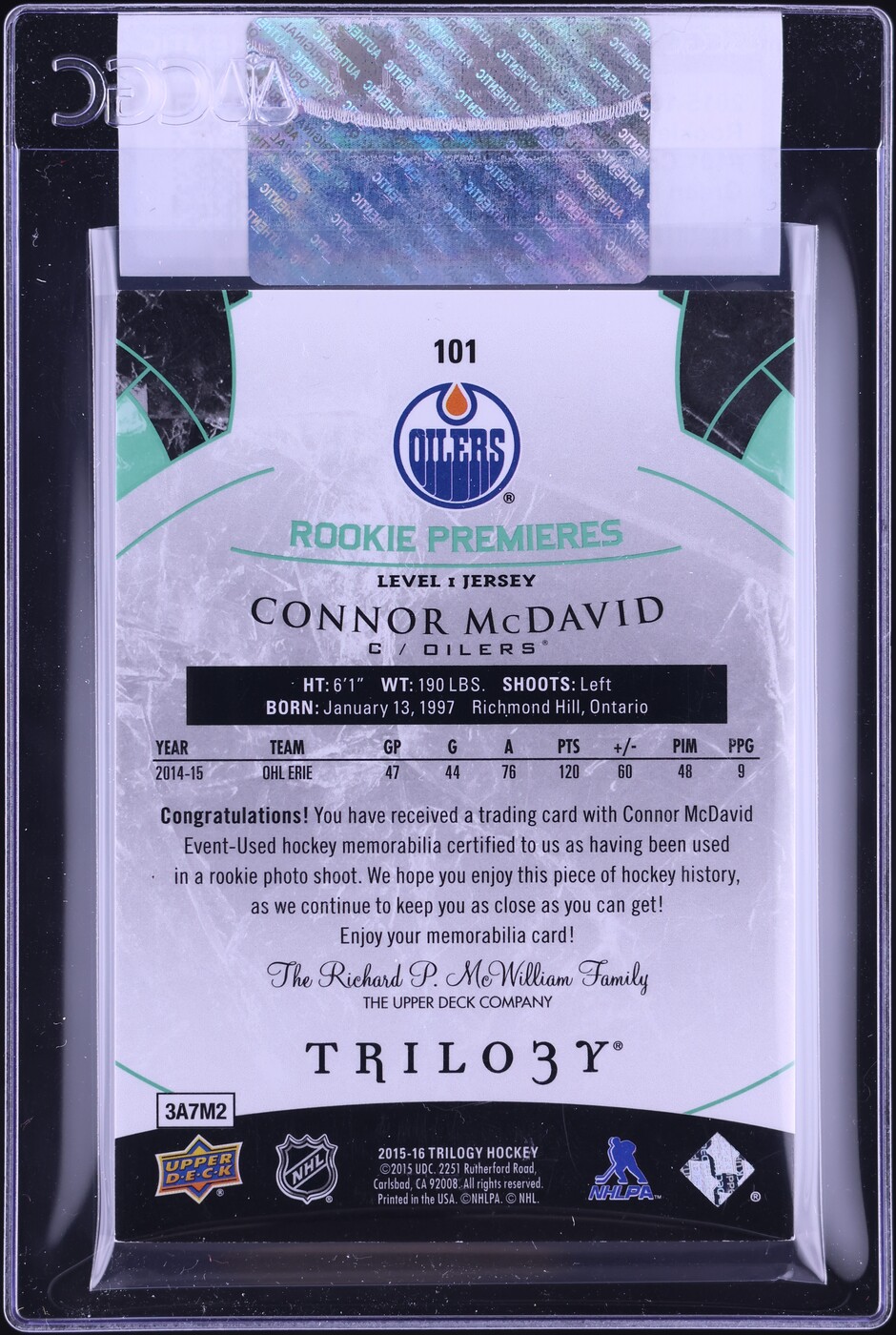 2015 Upper Deck Trilogy Premieres Green Connor McDavid RC PATCH /599 CGC AUTH