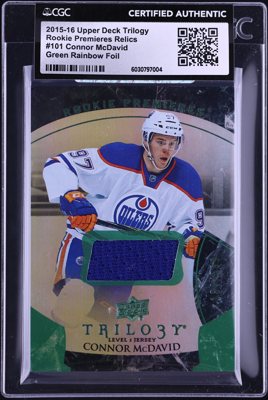 2015 Upper Deck Trilogy Premieres Green Connor McDavid RC PATCH /599 CGC AUTH