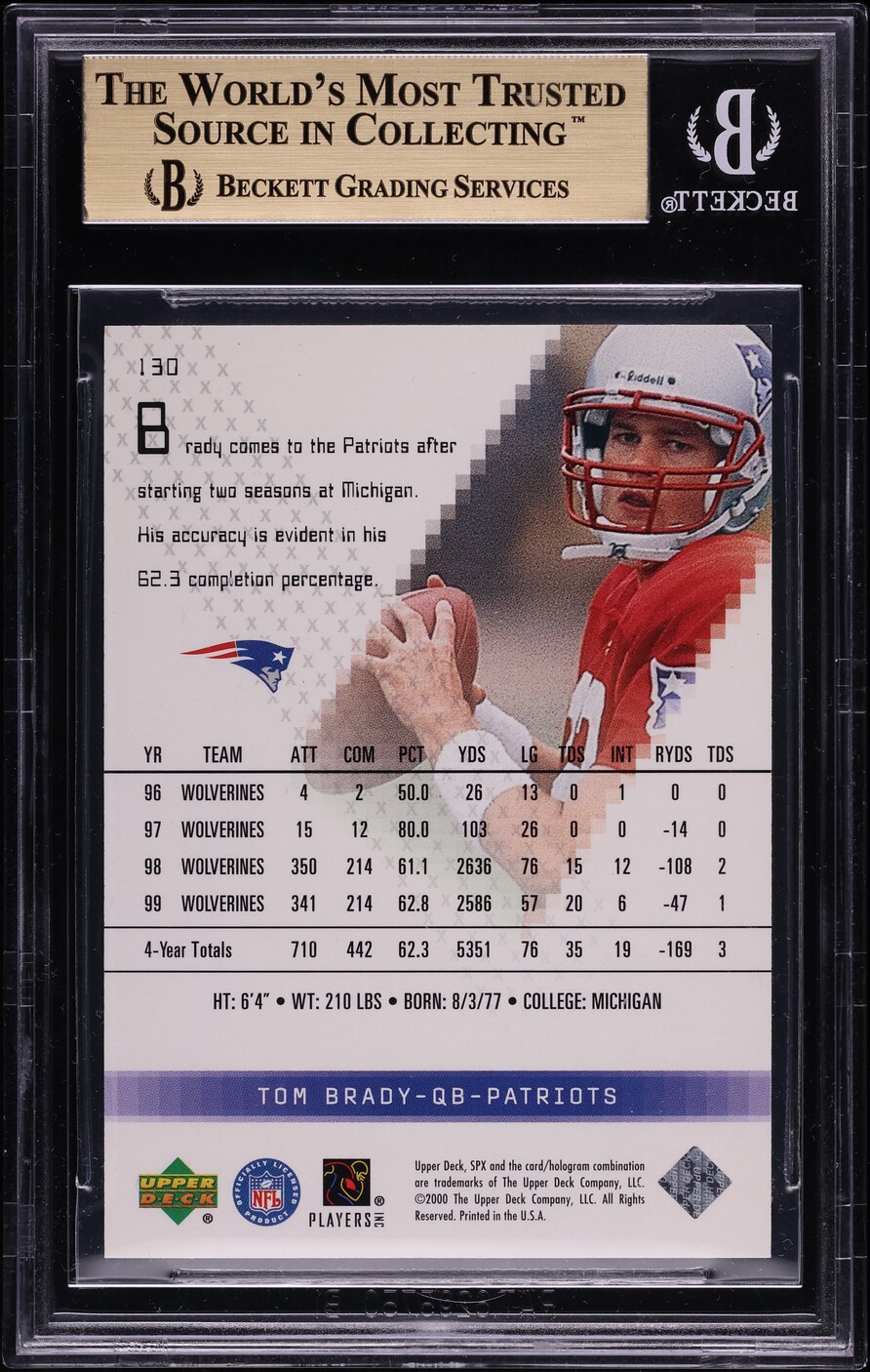 2000 SPx Football Tom Brady ROOKIE /1350 #130 BGS 9.5 GEM MINT