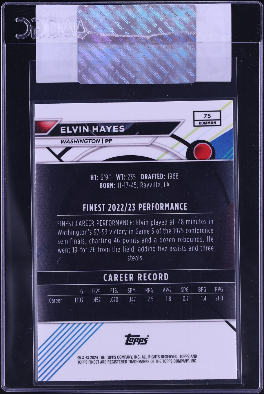 2023 Finest Gold Refractor Elvin Hayes /50 #75 CGC AUTH