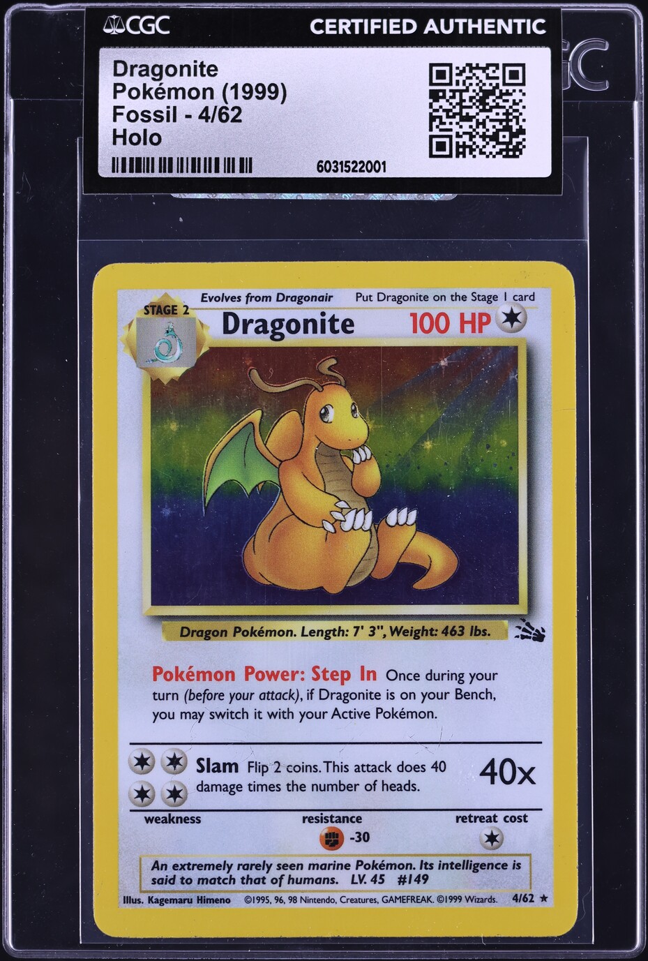1999 Pokemon Fossil Holo Dragonite #4 CGC AUTH