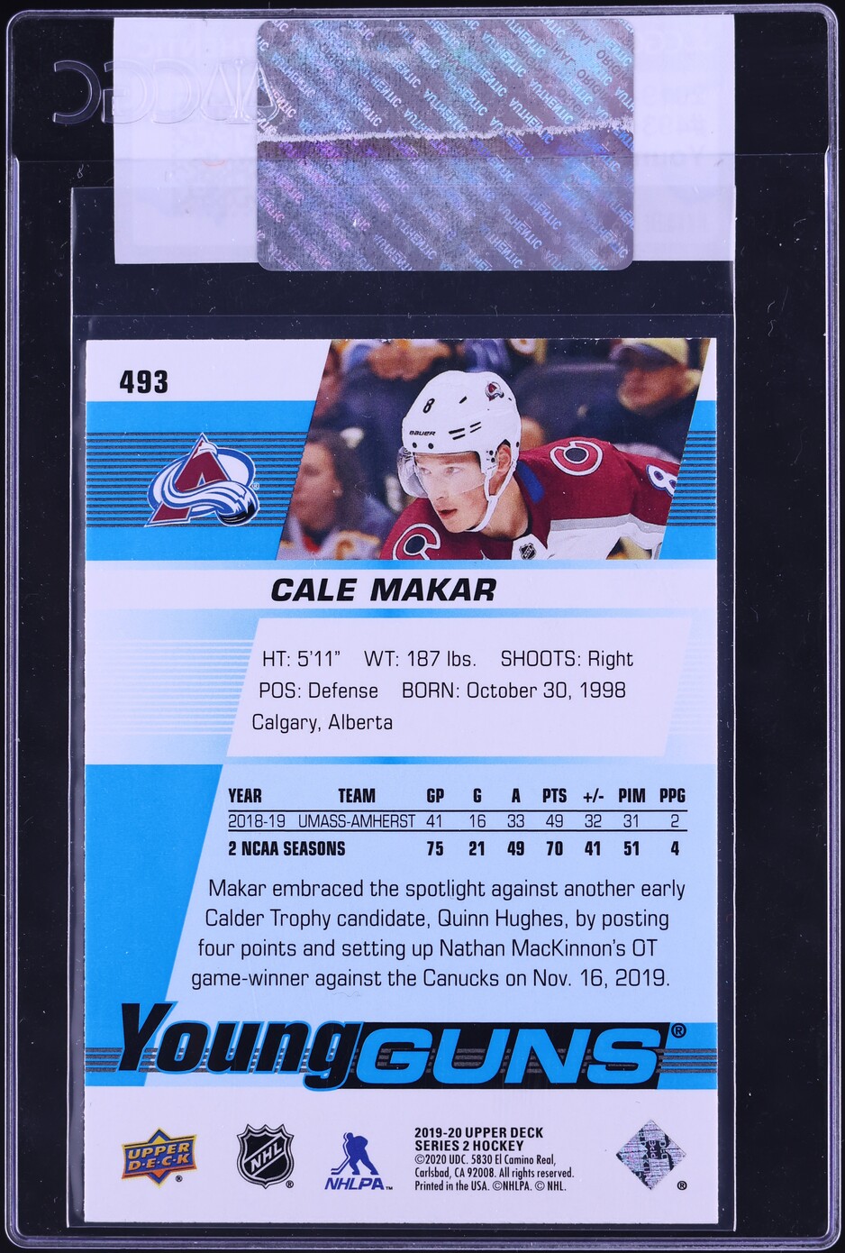 2019 Upper Deck Young Guns Cale Makar ROOKIE #493 CGC AUTH
