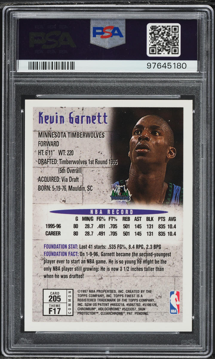 1996 Finest Basketball Kevin Garnett #205 PSA 9 MINT on Fanatics