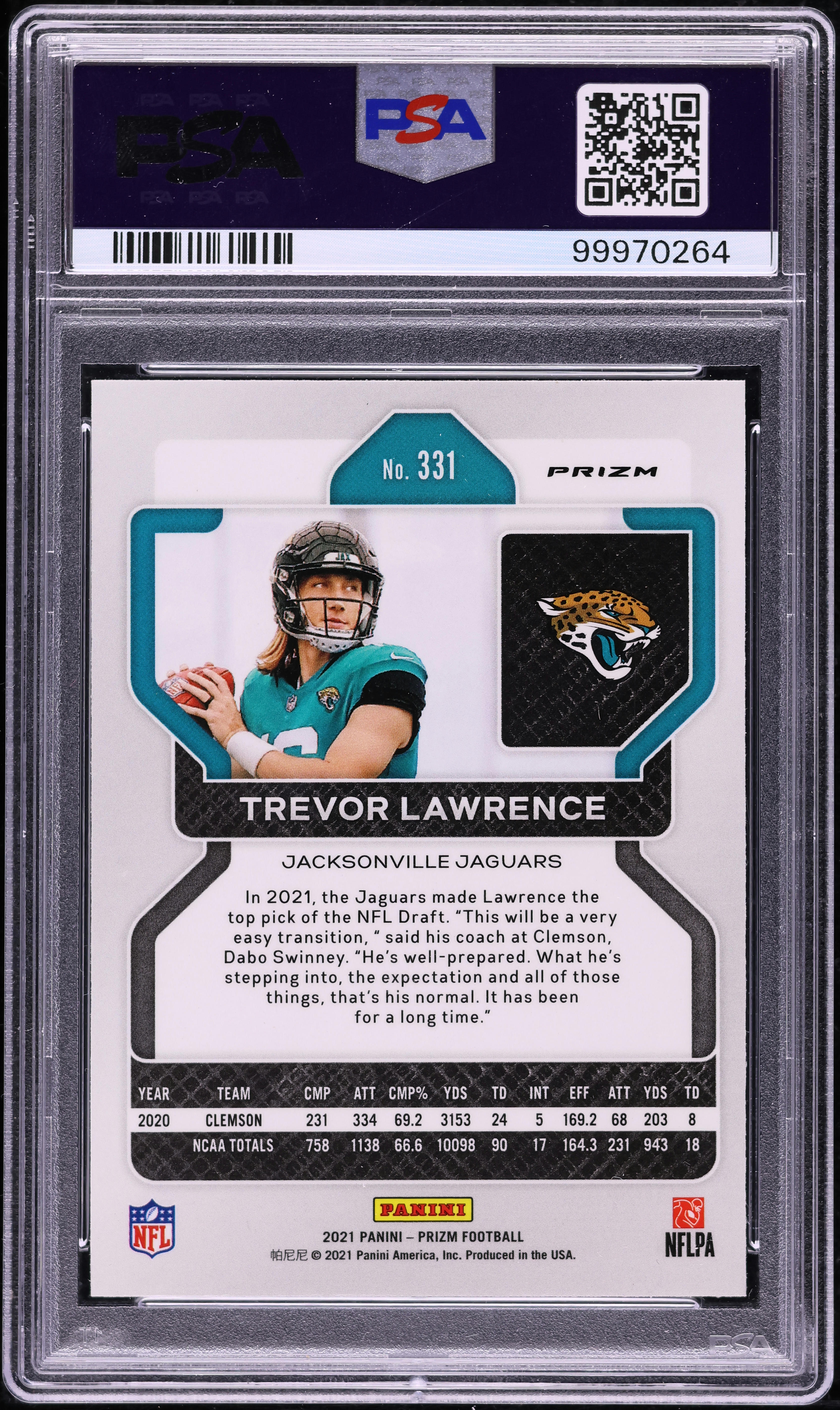 2021 Panini Prizm Silver Trevor Lawrence ROOKIE #331 PSA 10 GEM