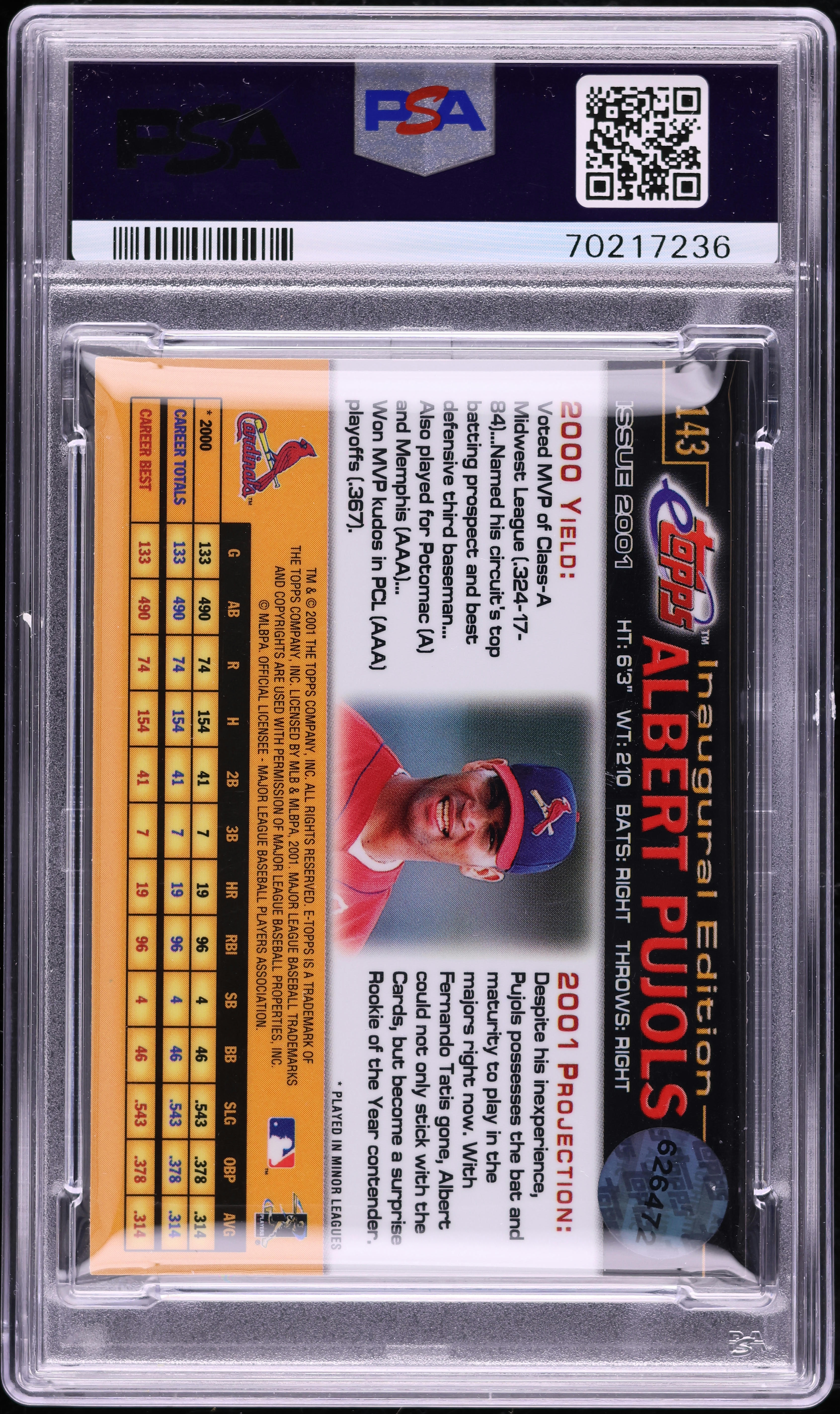 2001 eTopps Albert Pujols ROOKIE AUTO DNA 10 #143 PSA AUTH on