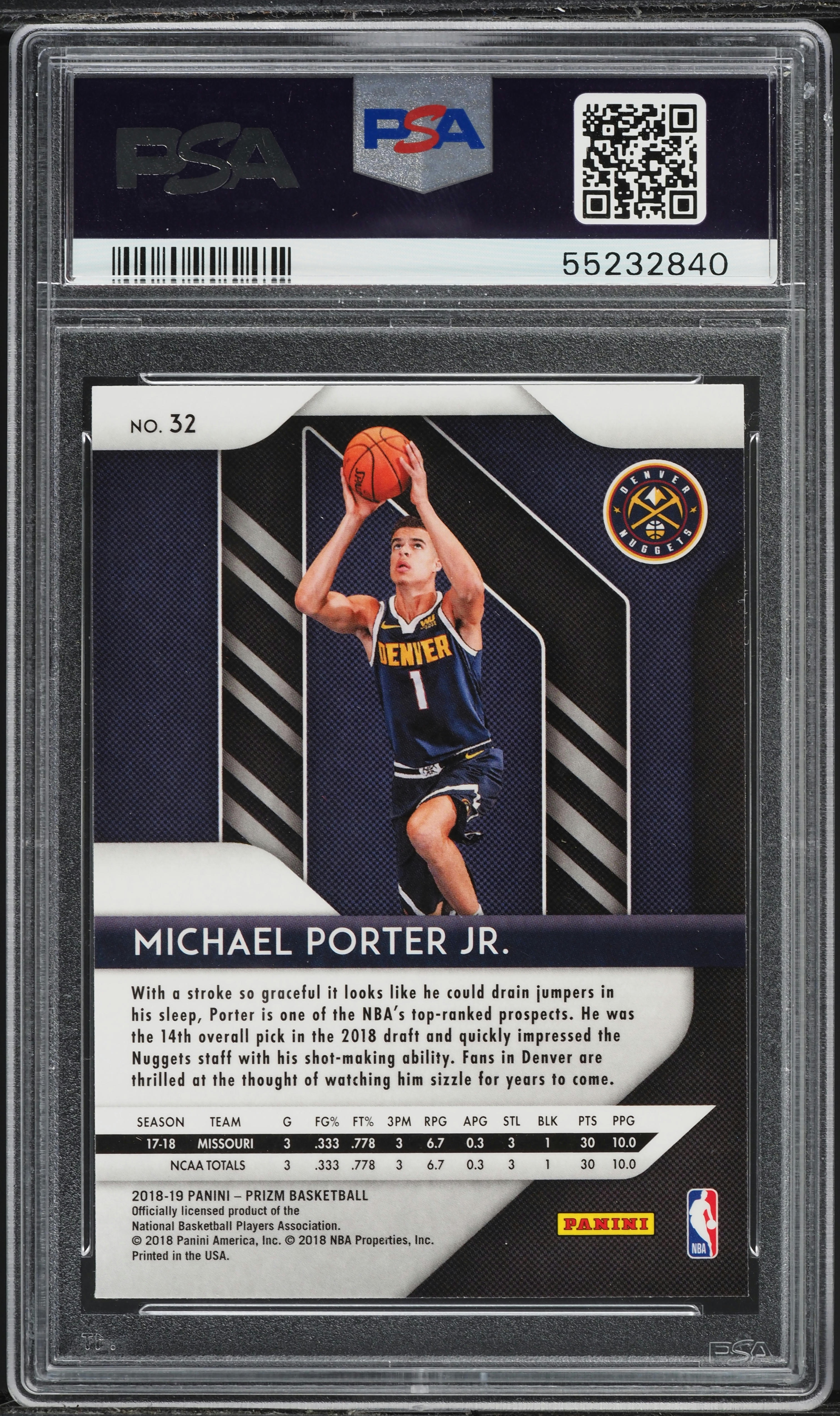 2018 Panini Prizm Michael Porter Jr. ROOKIE #32 PSA 10 GEM MINT on