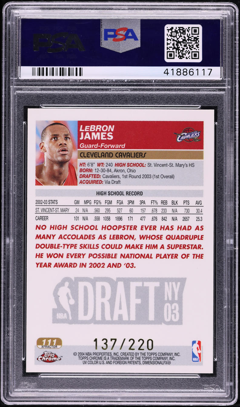 2003 Topps Chrome Xfractor LeBron James ROOKIE /220 #111 PSA 9 MINT