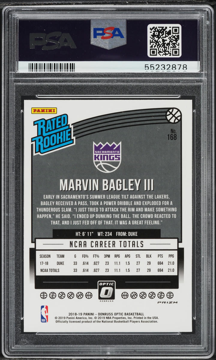 2018 Donruss Optic Holo Marvin Bagley III ROOKIE #168 PSA 9 MINT